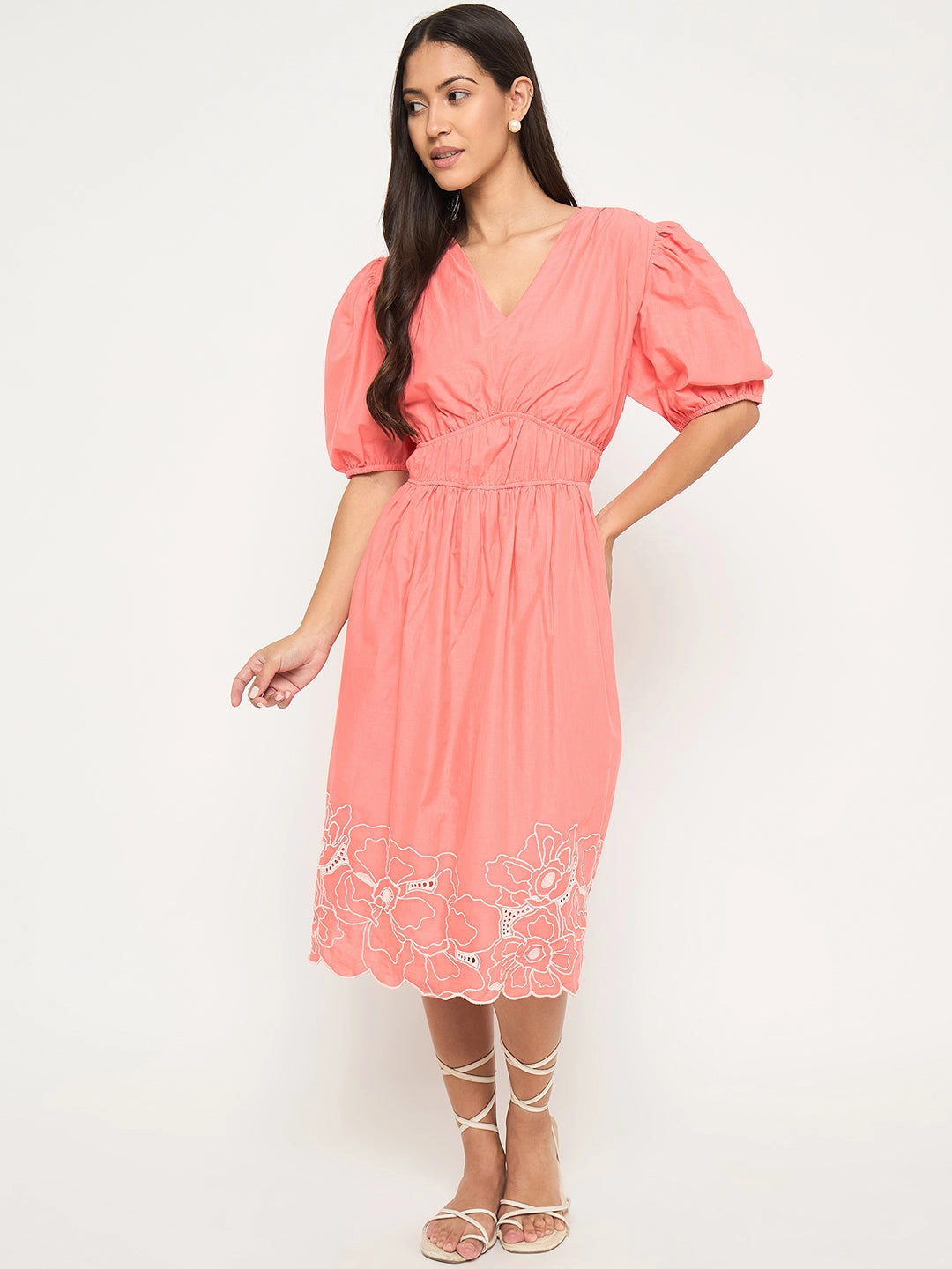 Breathable Light Drape Madame Floral Embroidered Hem Fit and Flared Coral Midi Dress