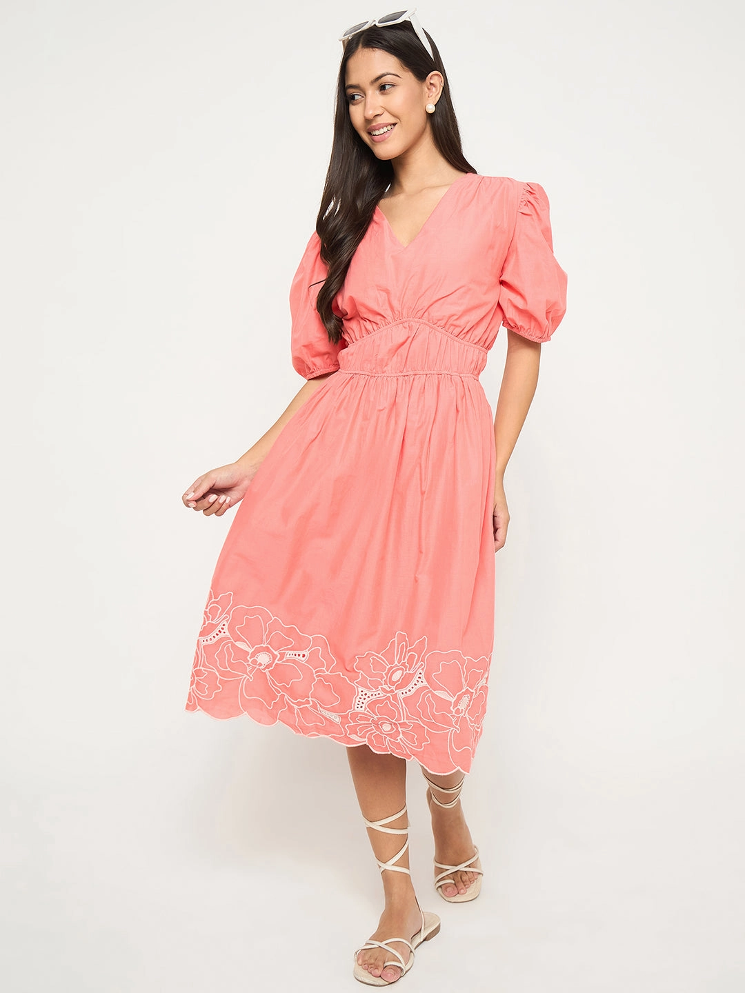 Madame Floral Embroidered Hem Fit and Flared Coral Midi Dress Soft Profile