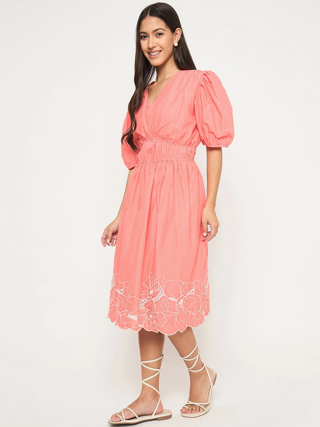 Profile Enhancer Comfort Stretch Madame Floral Embroidered Hem Fit and Flared Coral Midi Dress