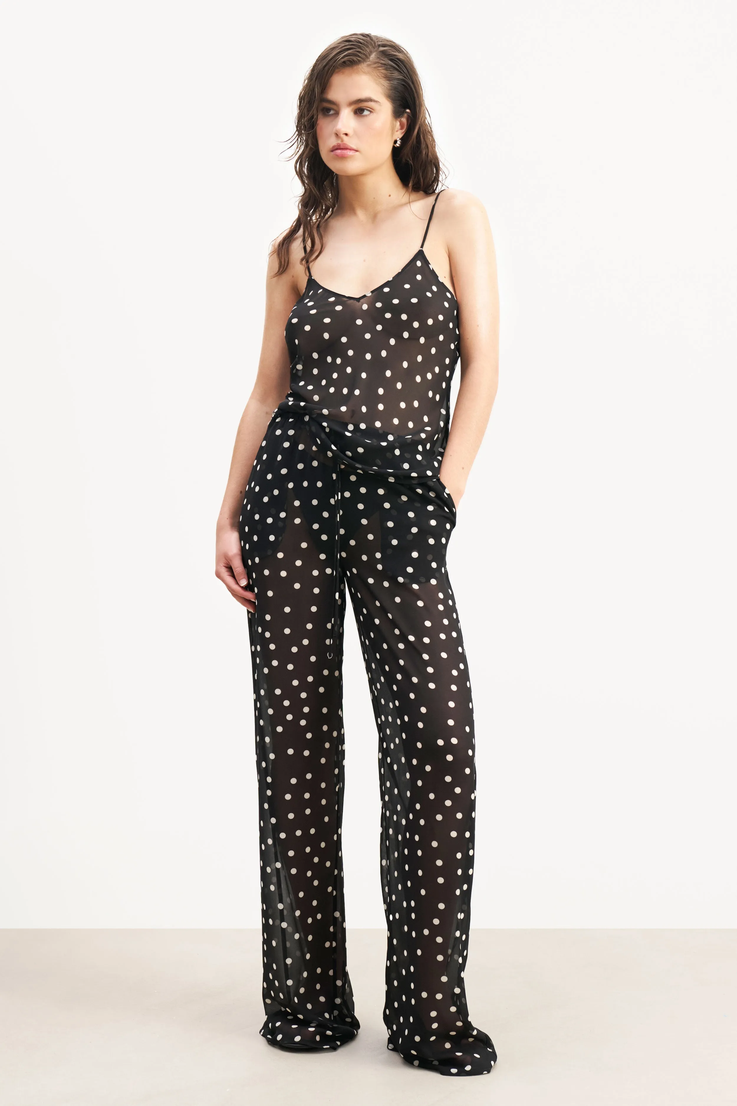 Fray Resistant Edges Breathable Material Chiffon V Neck Camisole Top -  Maxi Polka Dot
