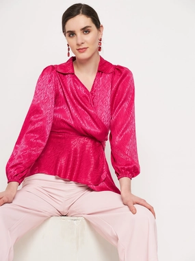Madame Hot Pink Puff Sleeve Top Metallic Fiber Blend Slim Fit Design