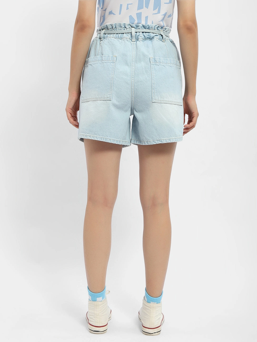 Madame Belted Waist Light Blue Denim Shorts Laid Back Look Maximalist look