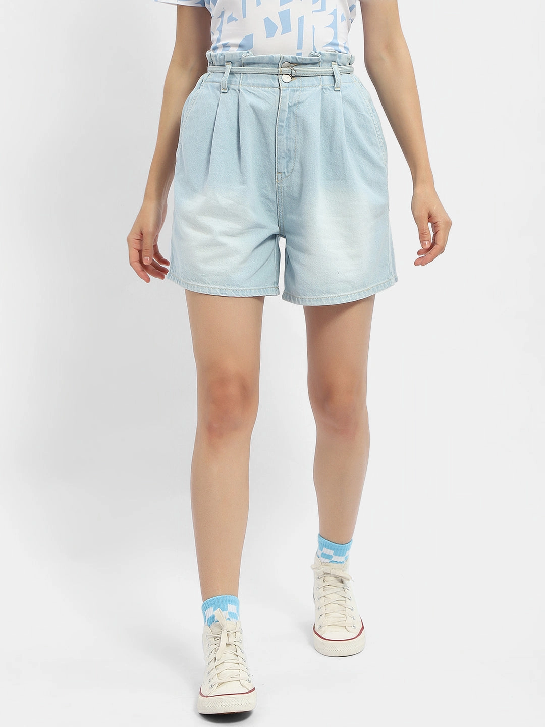 Texture Play Madame Belted Waist Light Blue Denim Shorts