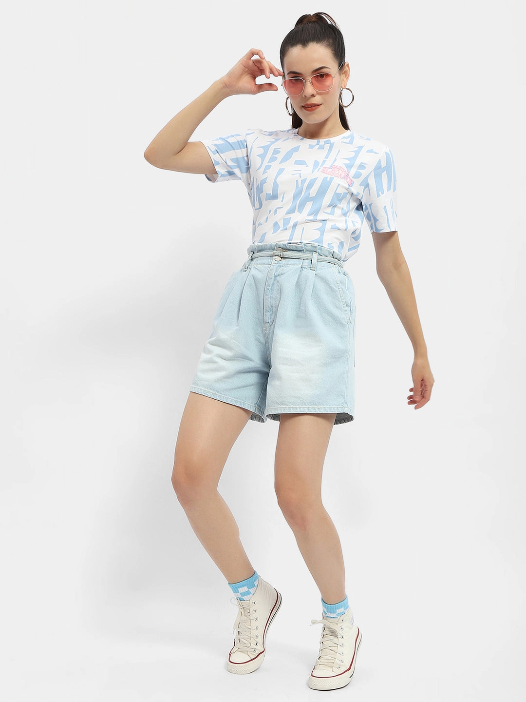 Easy Fit Madame Belted Waist Light Blue Denim Shorts