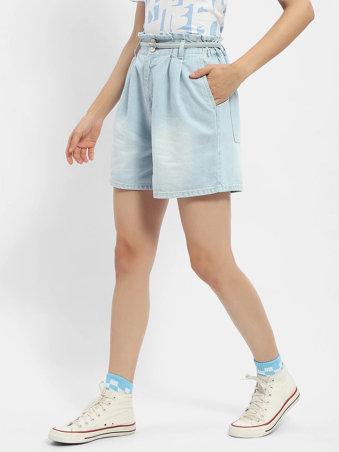 Mini length Flexible Knit Madame Belted Waist Light Blue Denim Shorts
