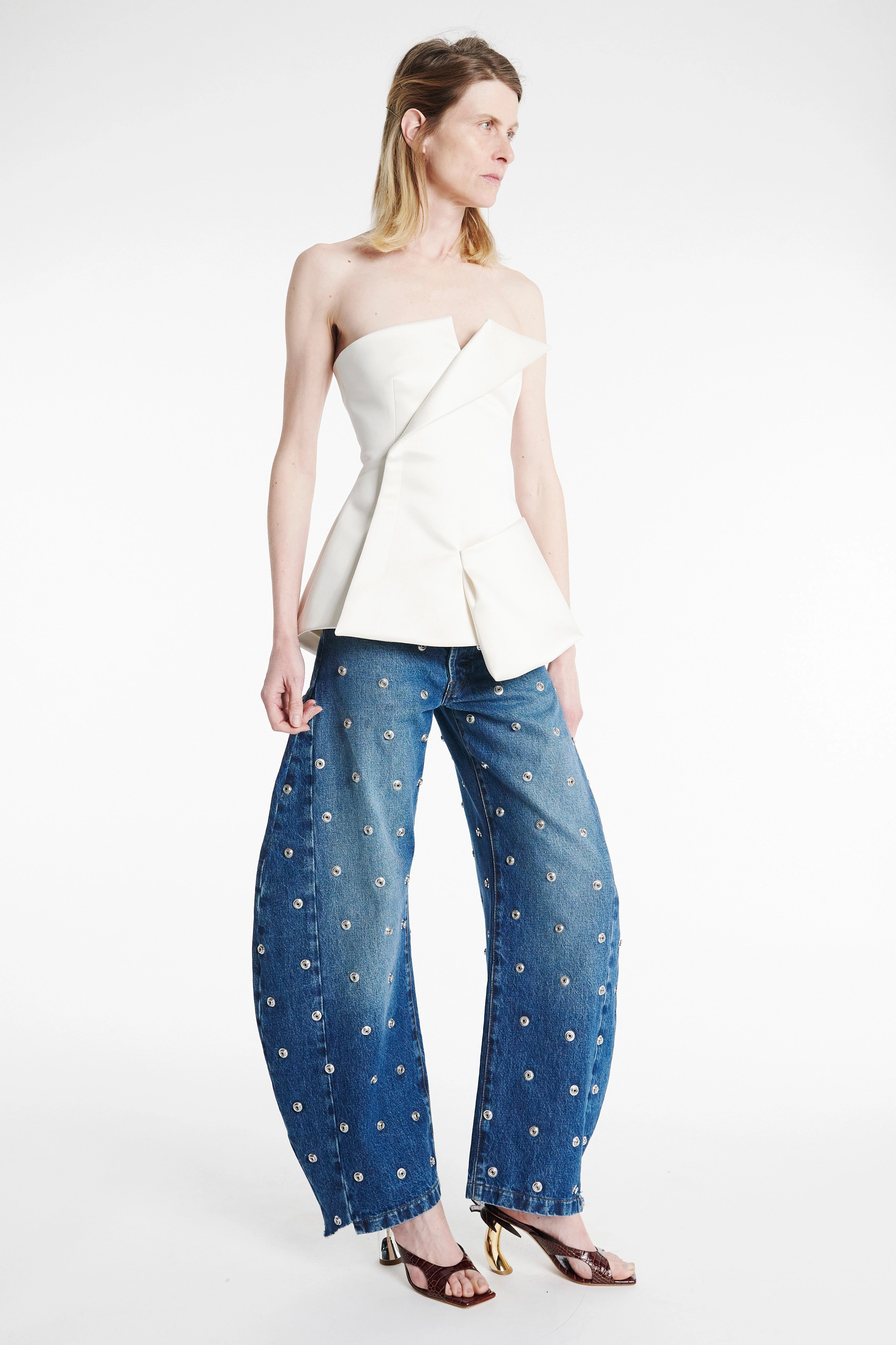 DropShoulder Relaxed Blouse Corseted Tuxedo Top Ivory