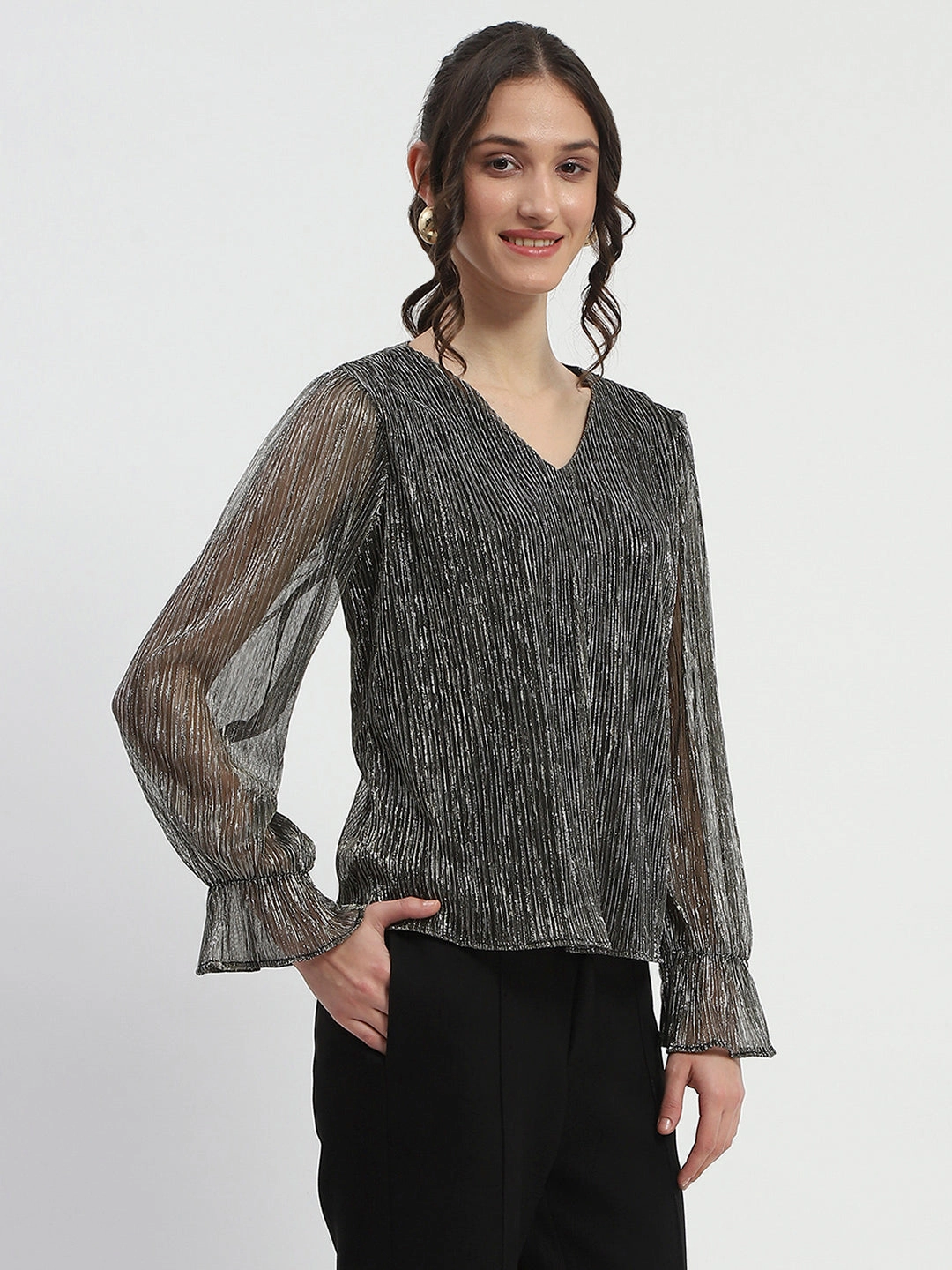 Madame Ruffle Sleeve Black Shimmery Top Linen Blend Fabric