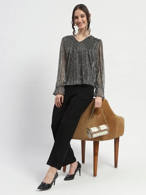 QuickDryTechnology Madame Ruffle Sleeve Black Shimmery Top
