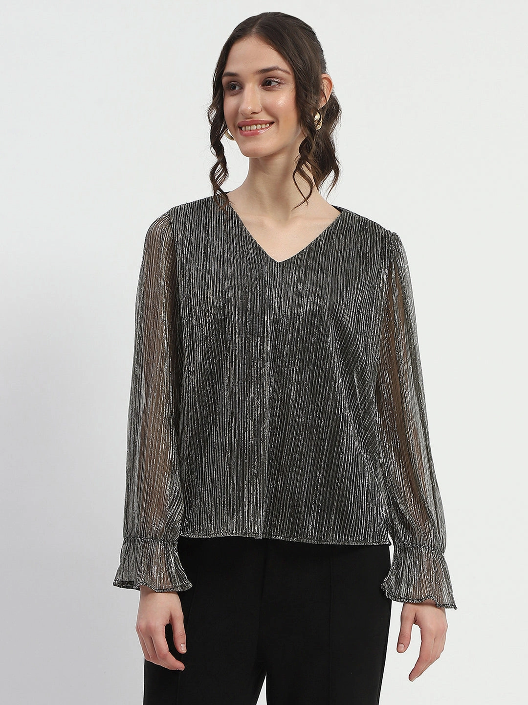 Madame Ruffle Sleeve Black Shimmery Top UltraSoftInterior Tencel Blend Fabric
