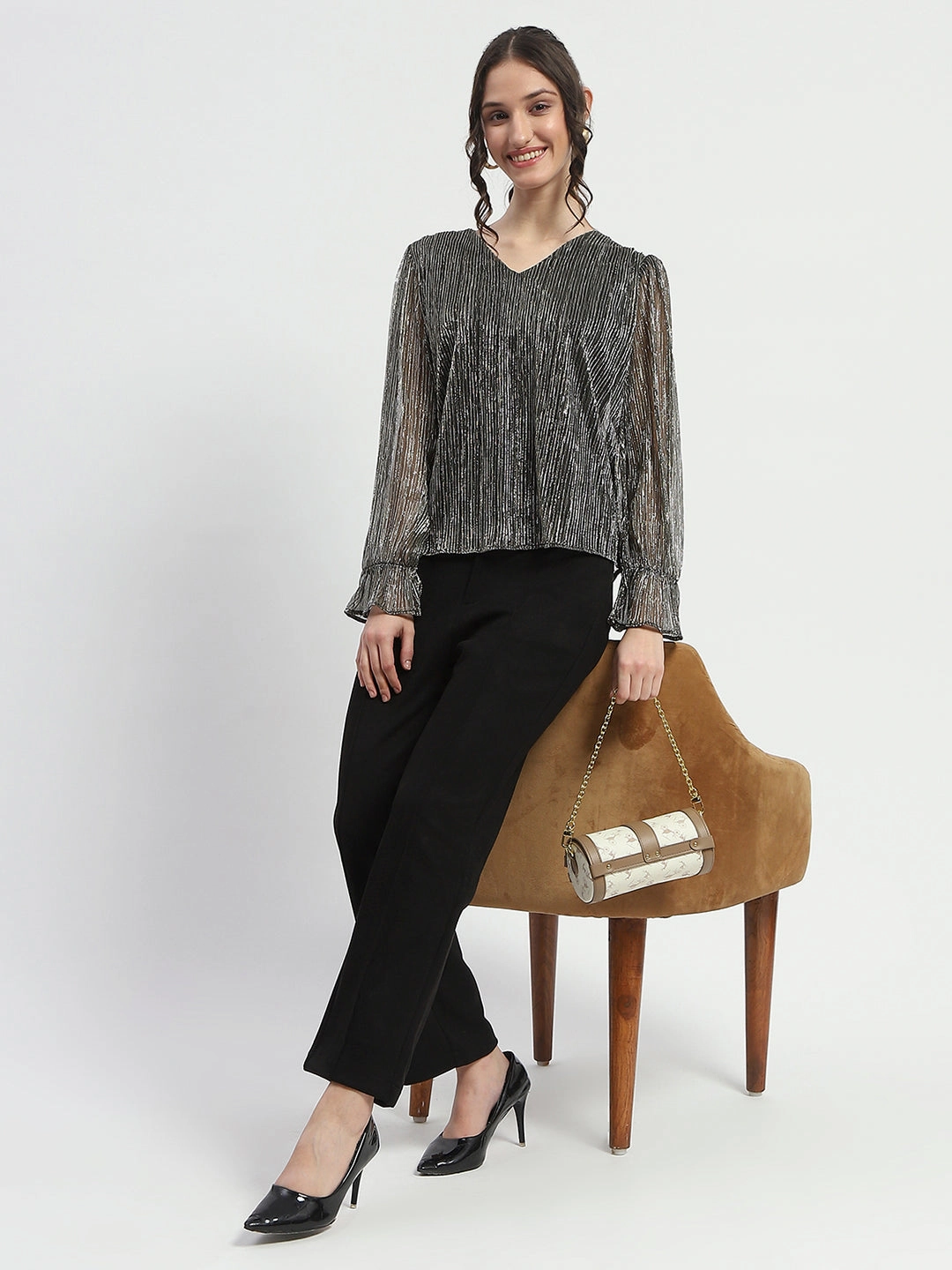 QuickDryTechnology Madame Ruffle Sleeve Black Shimmery Top