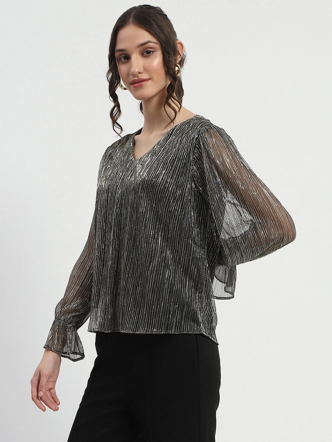 slim fit Madame Ruffle Sleeve Black Shimmery Top