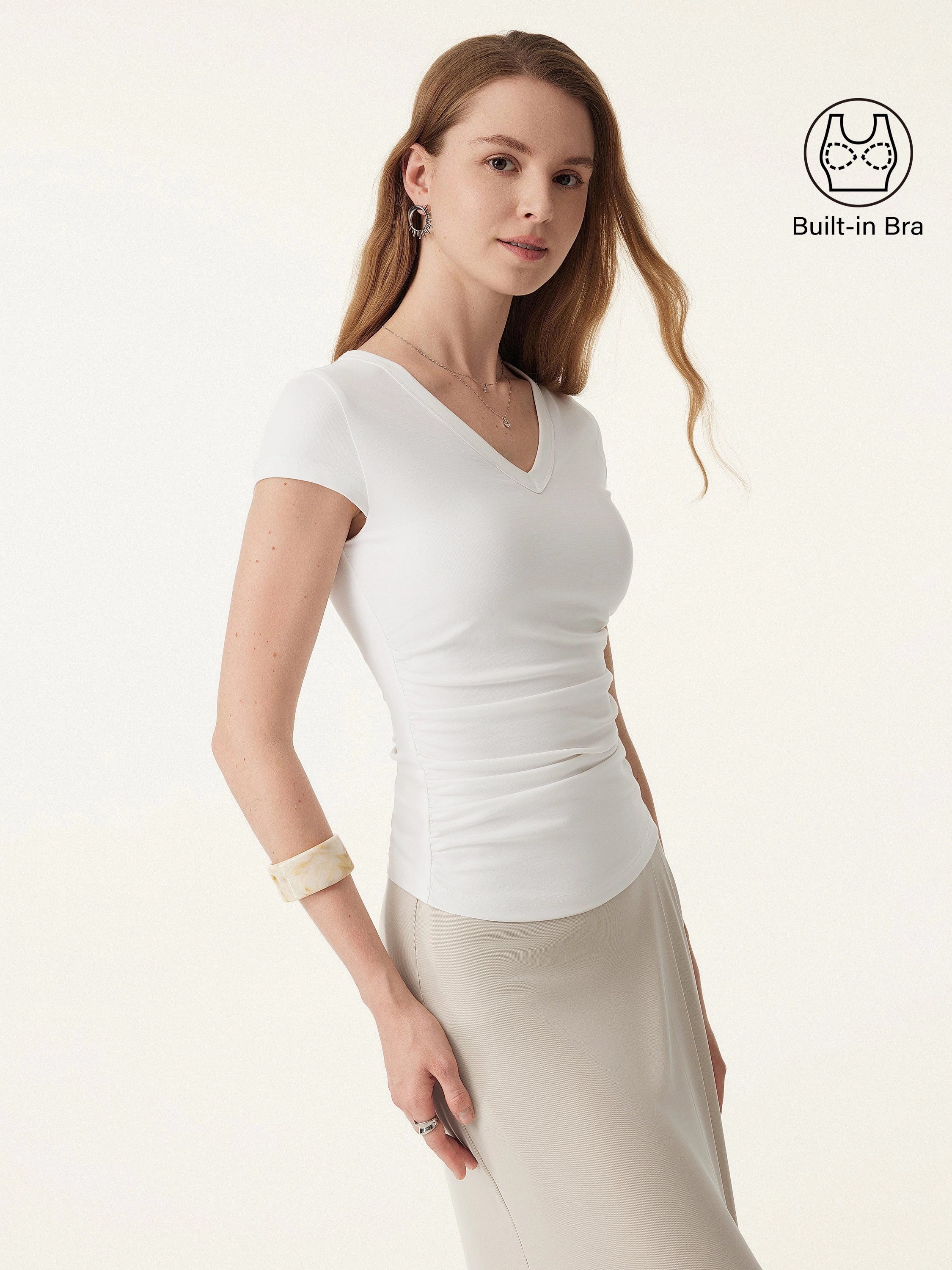 3D Spacer Fabric Elevated V-neck Side Ruched Cap Sleeve Brami Tee
