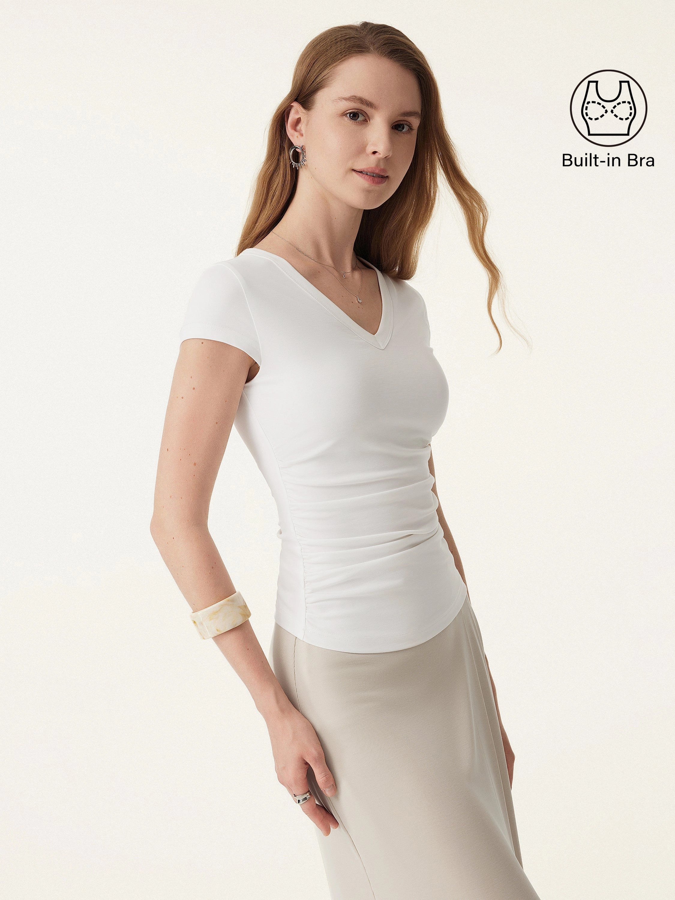 Anti Slip Shoulder Padding Abrasion Resistant Surface Elevated V-neck Side Ruched Cap Sleeve Brami Tee