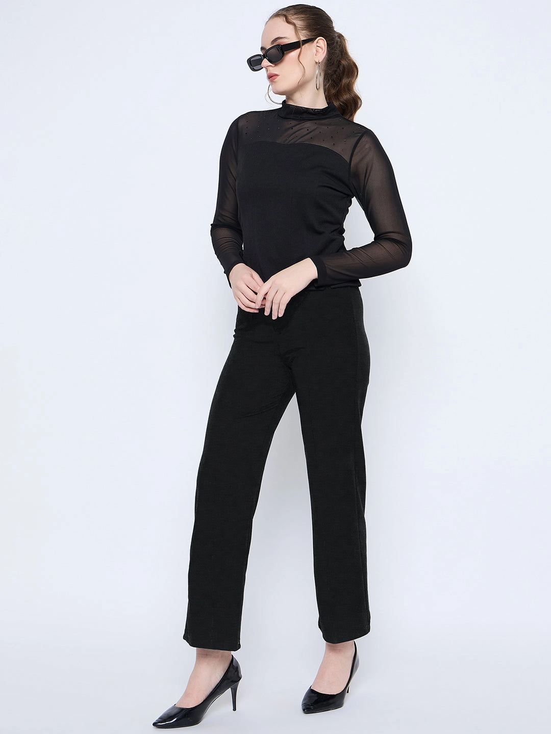 TaglessDesign Madame Band Neck Embellished Solid Black Mesh Top