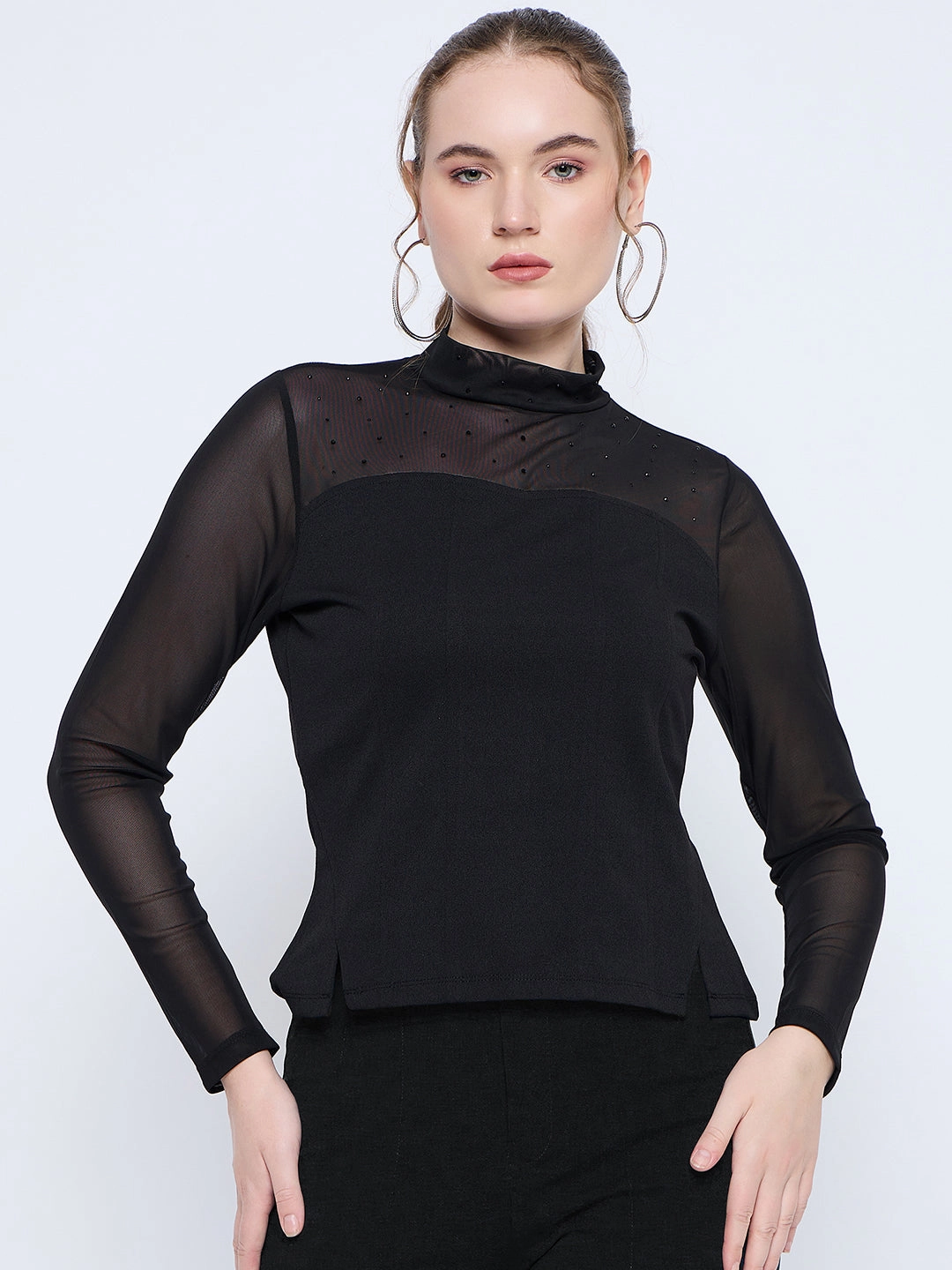 Madame Band Neck Embellished Solid Black Mesh Top MeshLining WrinkleResistantWeave