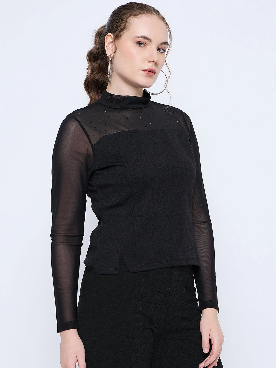 Madame Band Neck Embellished Solid Black Mesh Top Quick Release Fastener