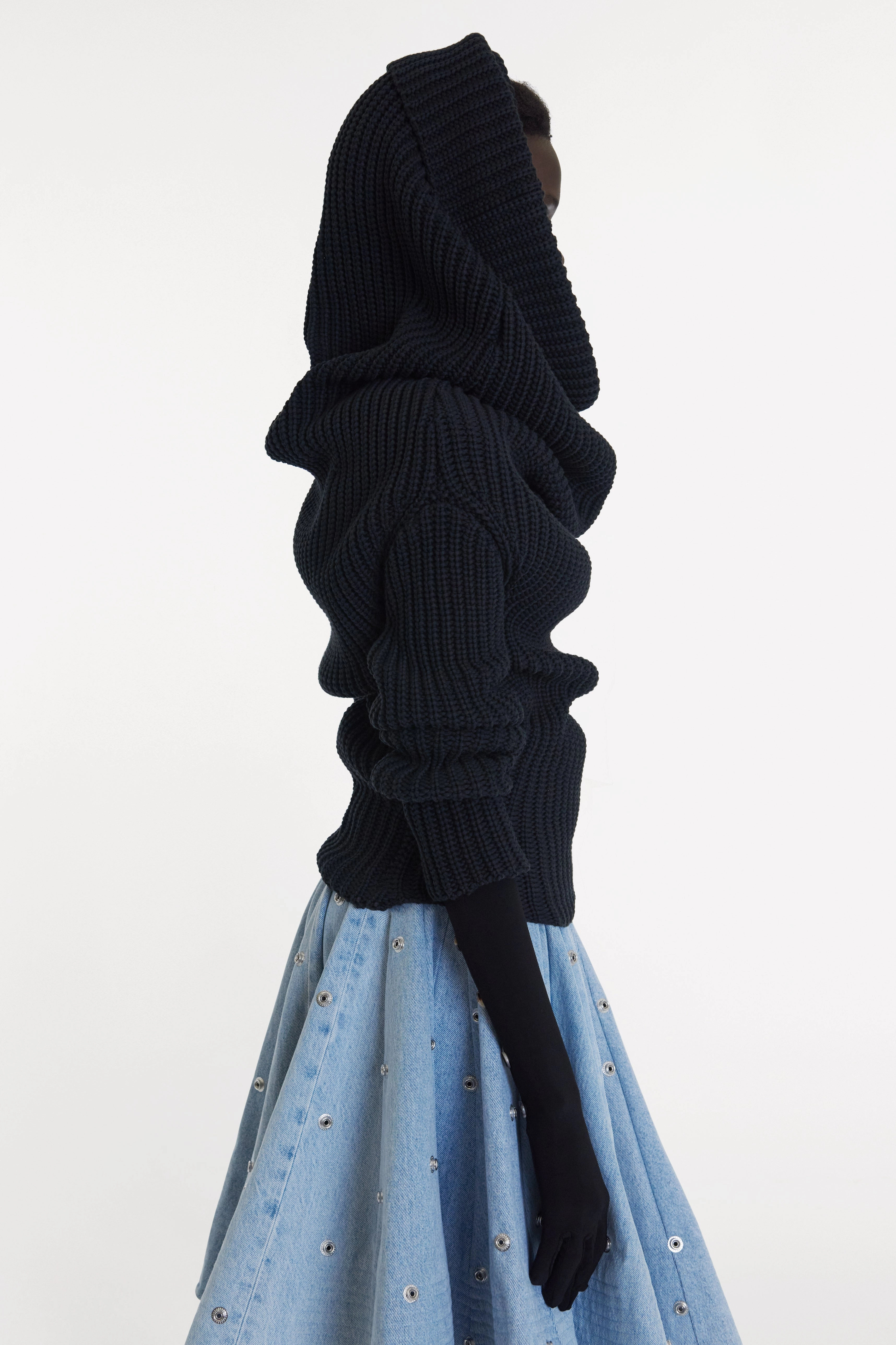 Fashionable Look Drop Shoulder Silhouette Knit Snood Top With Gloves Black