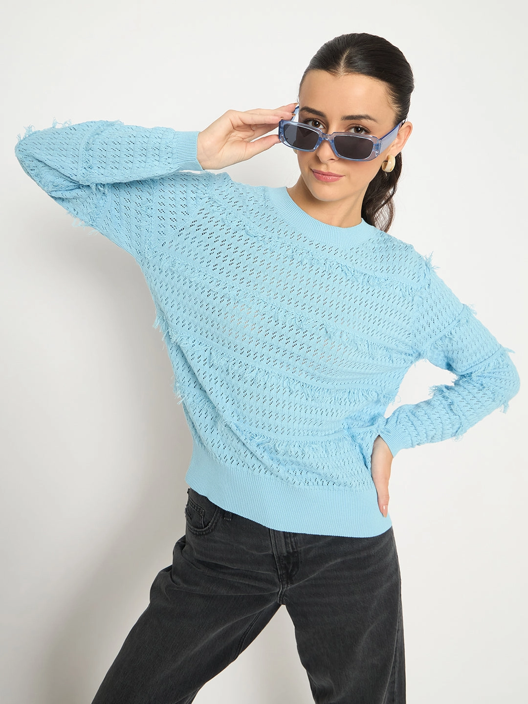 Madame Fringe Textured Brown Cotton Sweater Flexible Comfort Fashionable Knit