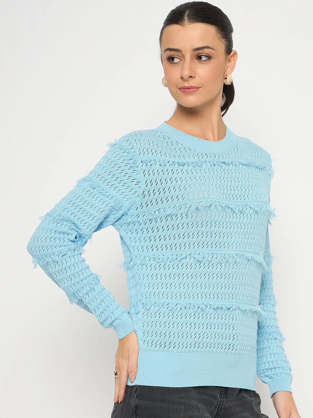 Cold Weather Knitwear Non Restrictive Armhole Madame Fringe Textured Brown Cotton Sweater