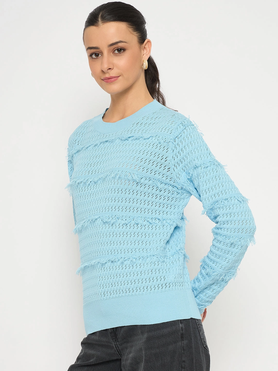 Winter Layering Casual Performance Madame Fringe Textured Brown Cotton Sweater
