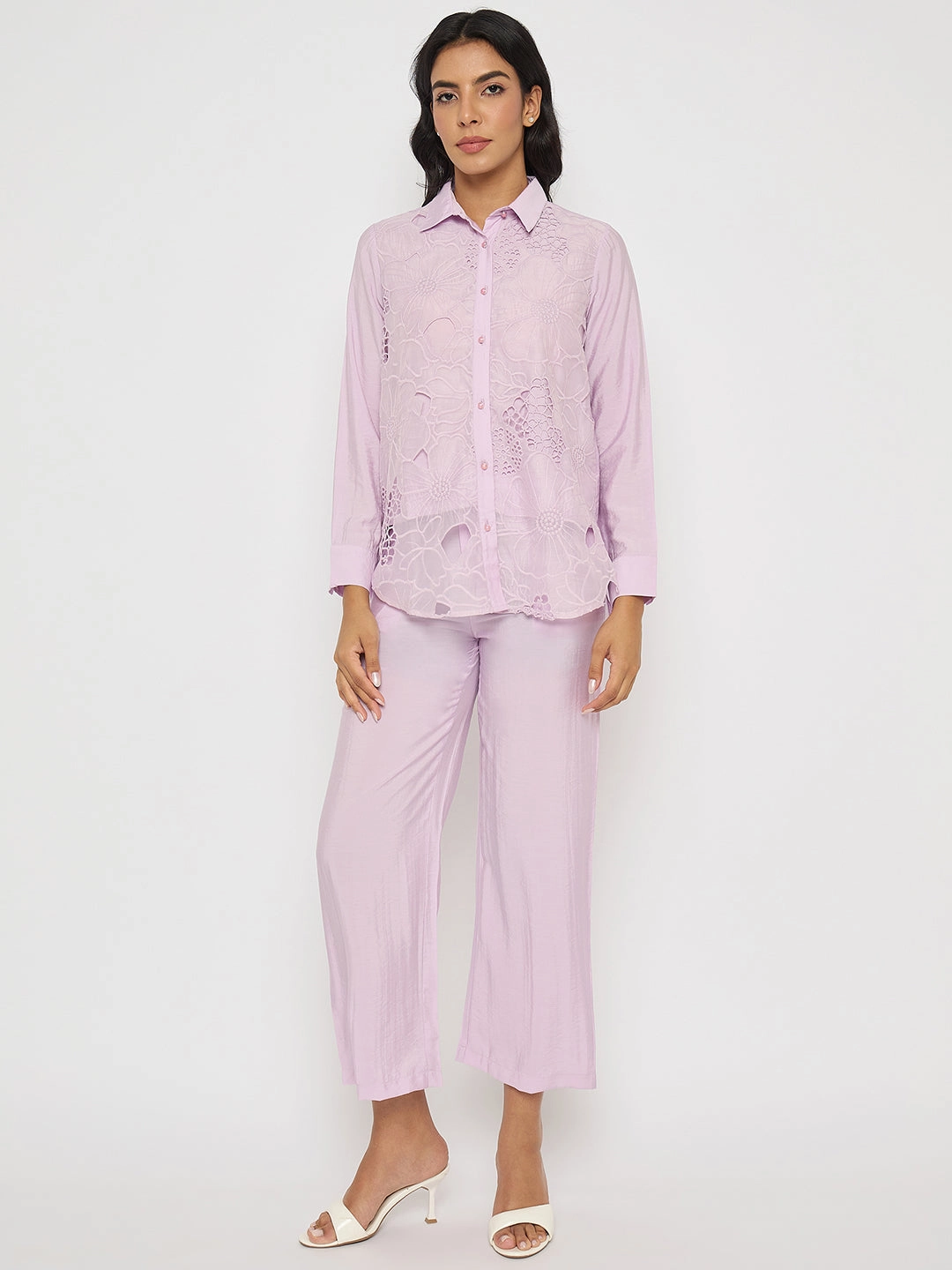 Soft Shine Madame Cutwork Embroidery Top and Bottom Mauve Co-ord Set