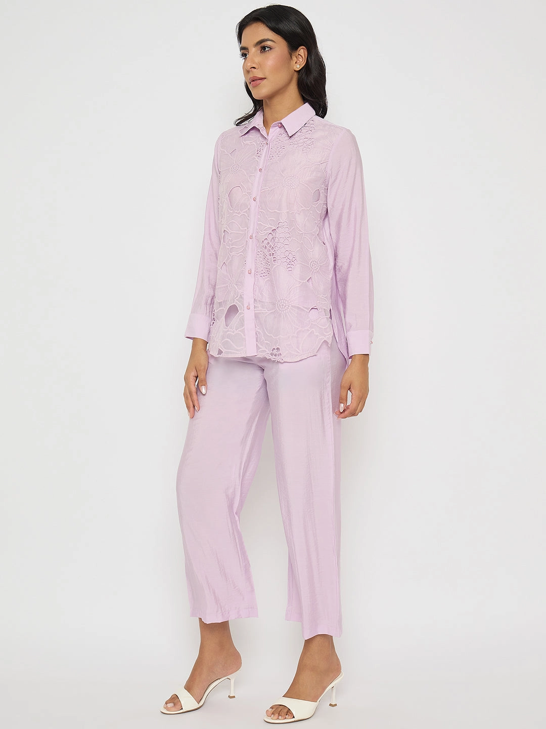 Minimalist Elegance CrinkleResistantWeave Madame Cutwork Embroidery Top and Bottom Mauve Co-ord Set