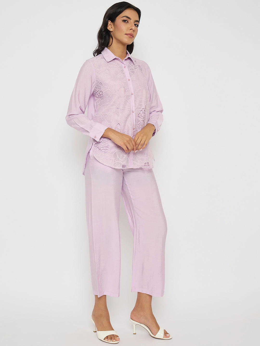 Madame Cutwork Embroidery Top and Bottom Mauve Co-ord Set Shine Dressy Daily Wear