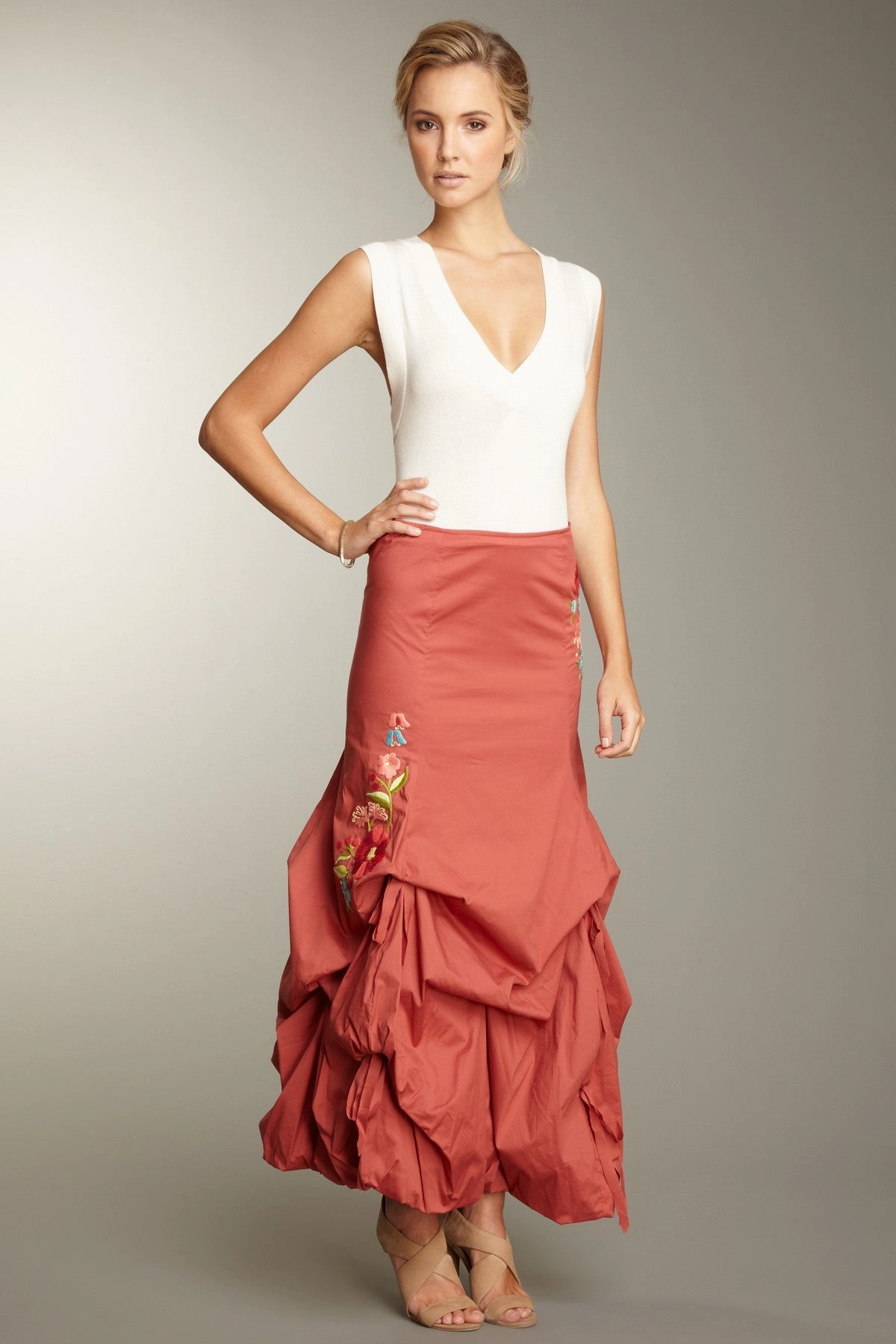Embroidered Stretch Poplin Balloon Skirt - Melon Fashion Tones