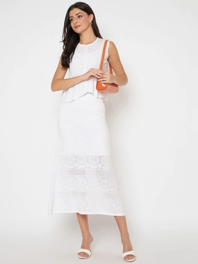 Madame Viscose Blend Top and Wide Leg Bottoms White Knitted Co-ord Set Cinched-Waist Gloss Finish