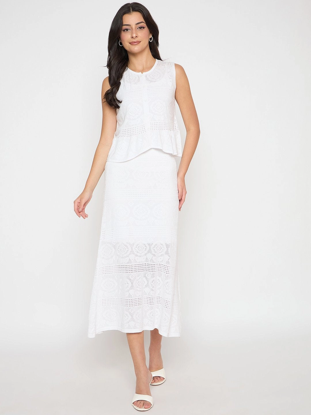 Dew Glow Elegant knee-length dress Madame Viscose Blend Top and Wide Leg Bottoms White Knitted Co-ord Set