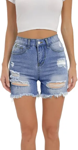 White Denim Shorts for Women Cute High Rise Stretchy Boyfriend Jeans Shorts Solid Frayed Hem Hot Shorts