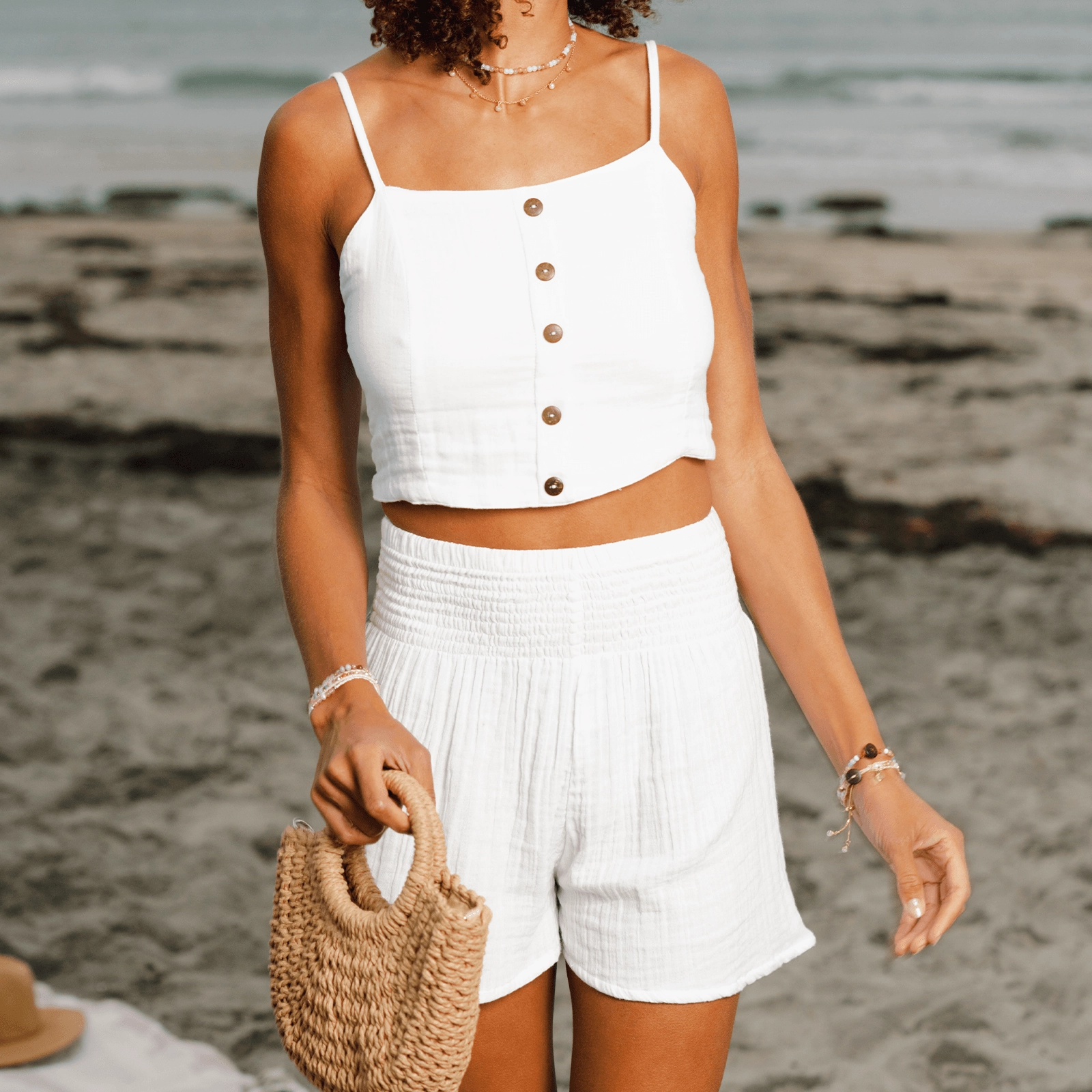 Recycled Polyester White Cotton Crop Top & Shorts Lounge Set