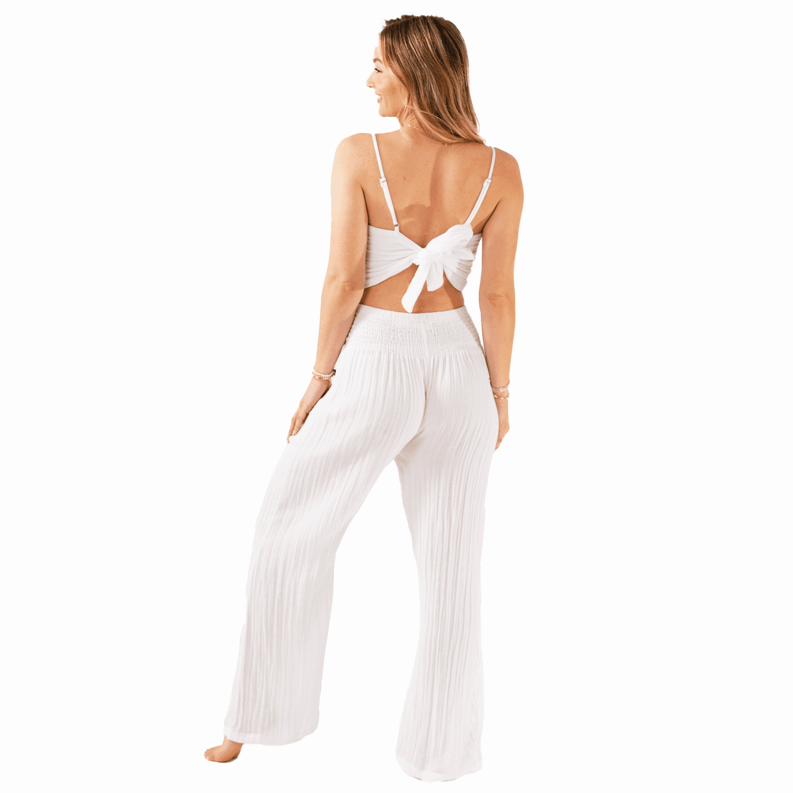 White Cotton Crop Top & Wide Leg Pants Lounge Set Anti Odor Finish