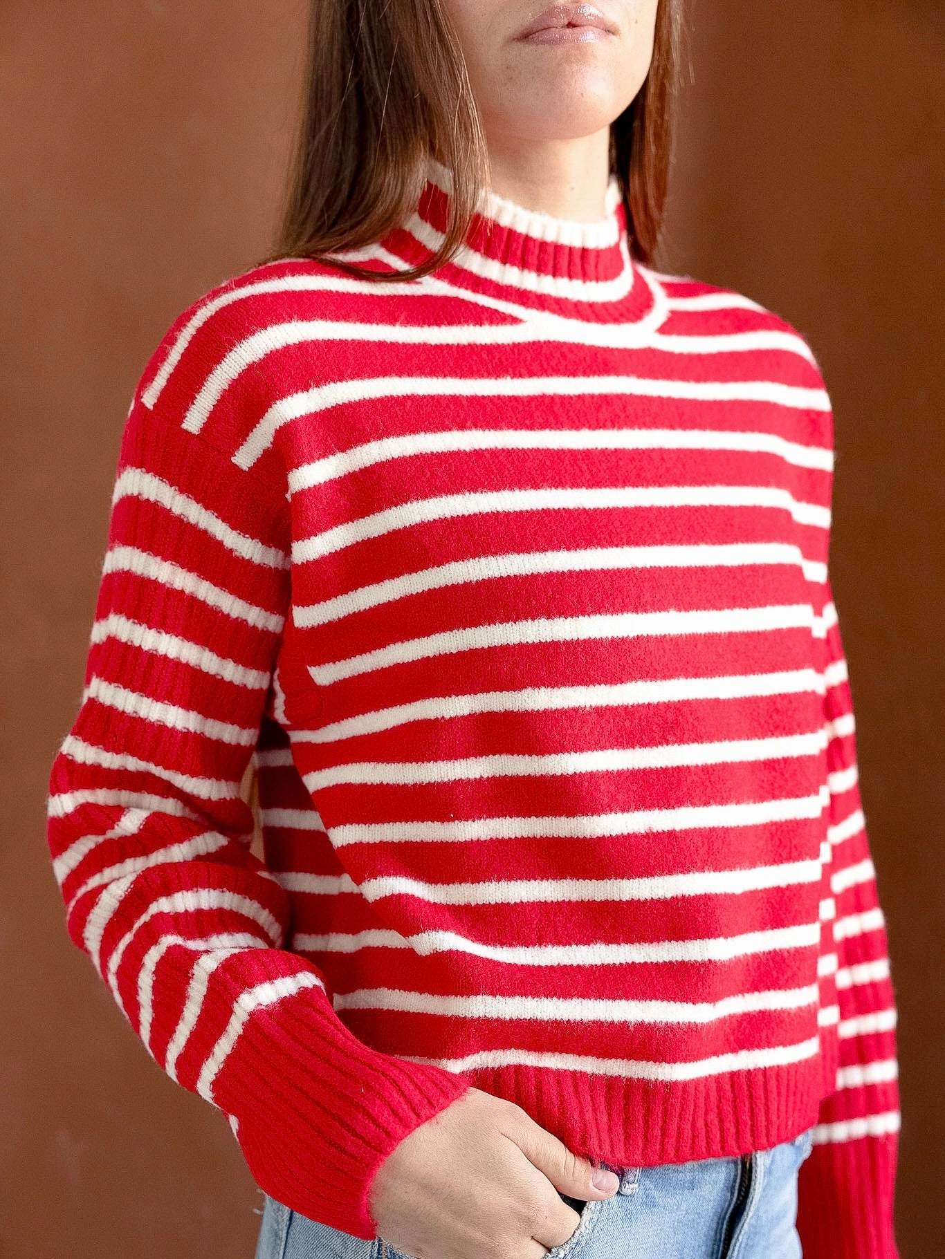Lightweight Jersey Material Street Casual Style Red Striped Pullover