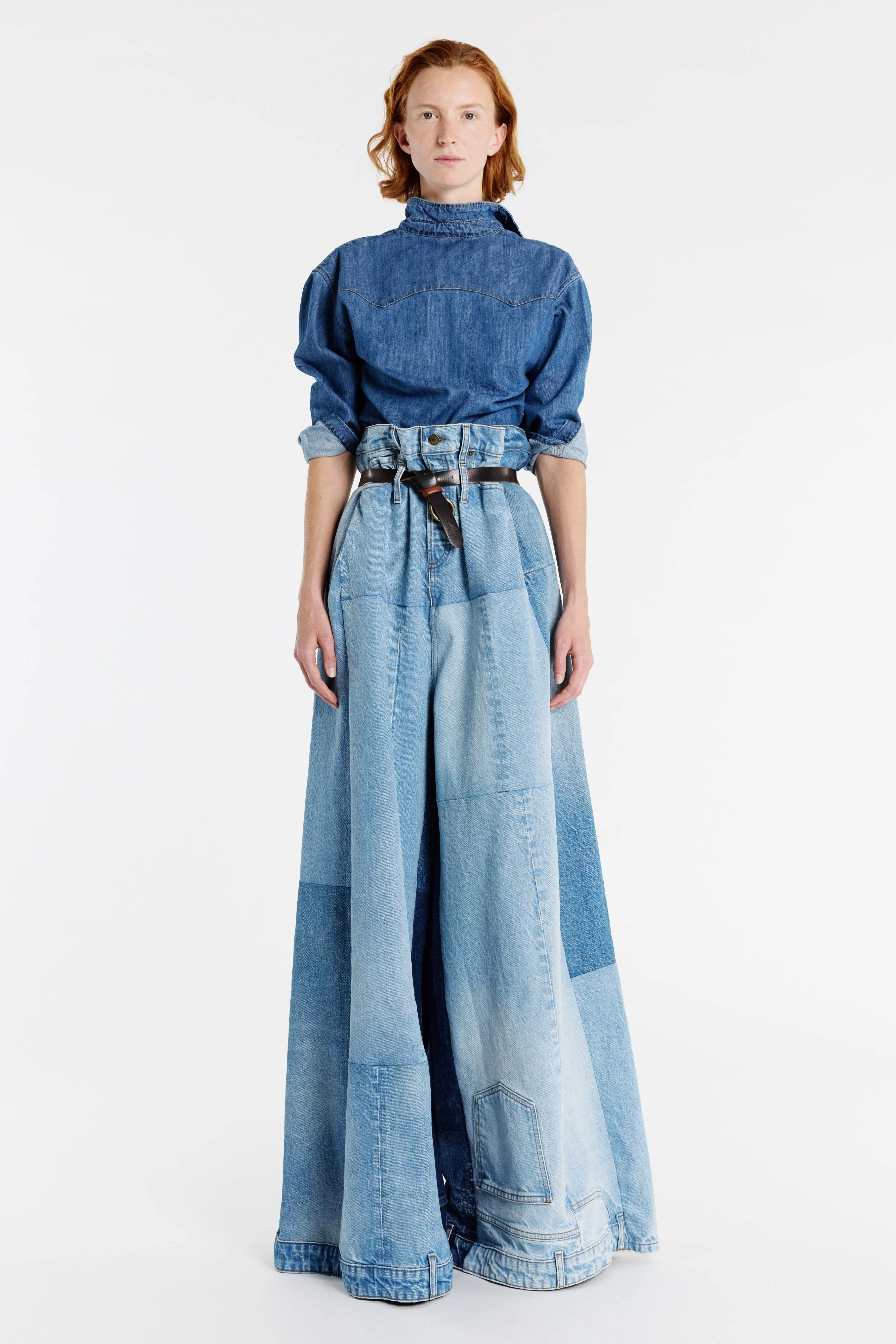 Wide Leg Denim Pants Mid Blue Layered Style Minimal Waistband