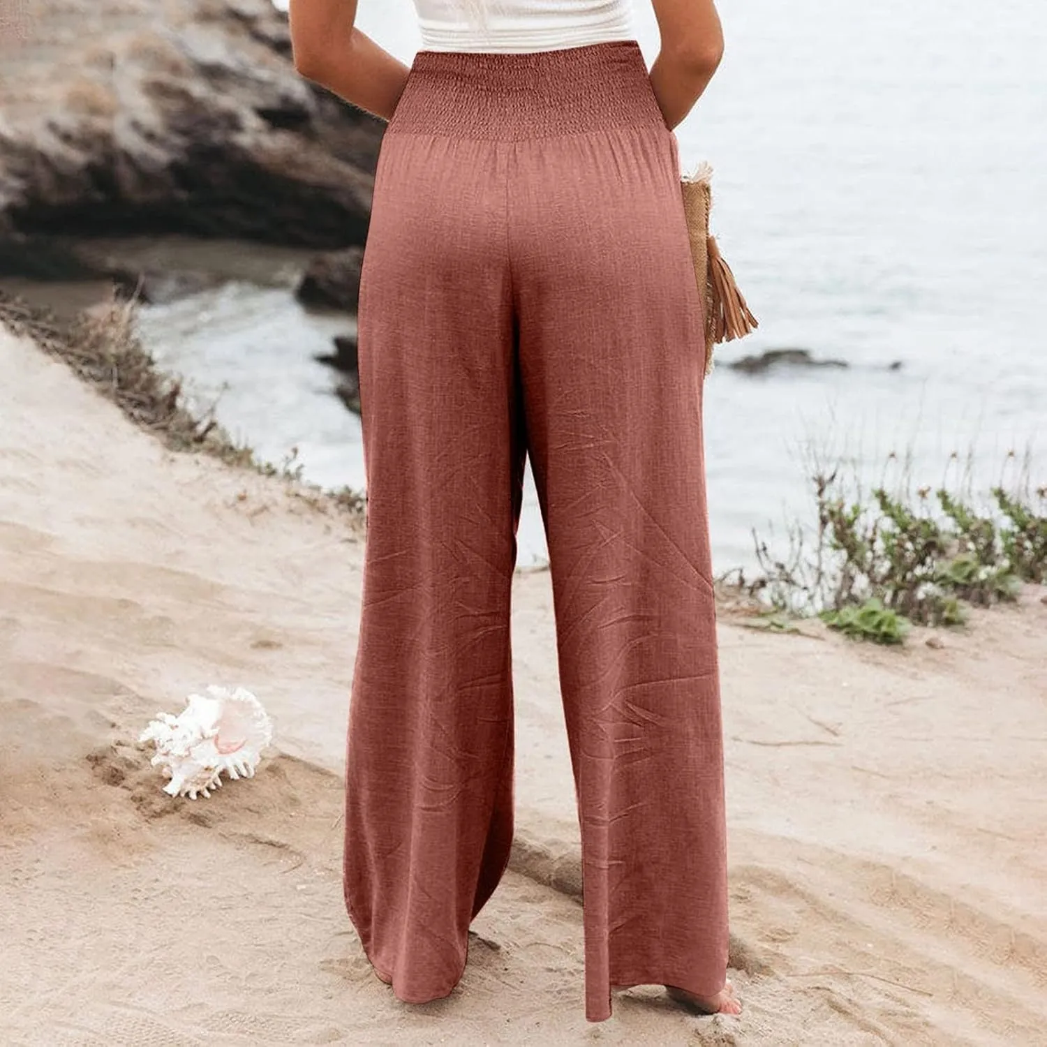 Wide Leg Linen Pants Women Casual Pleated Elastic Waist Beach Pants Summer Baggy Palazzo Pants with Pockets