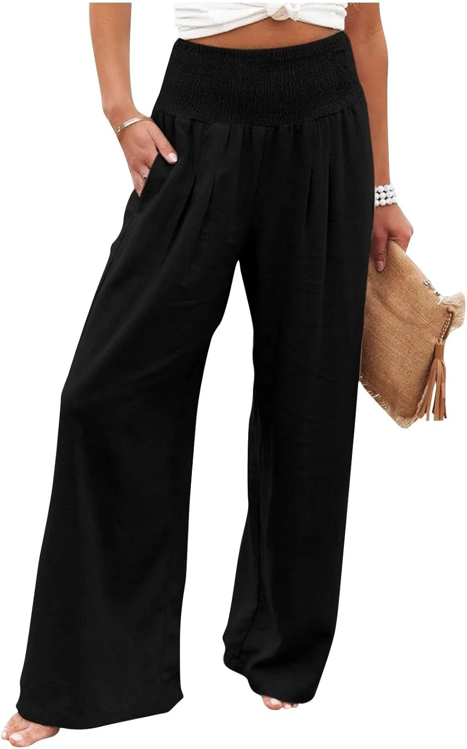 Wide Leg Linen Pants Women Casual Pleated Elastic Waist Beach Pants Summer Baggy Palazzo Pants with Pockets