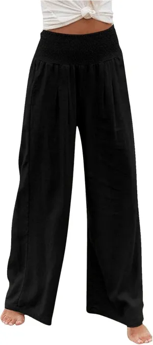 Wide Leg Linen Pants Women Casual Pleated Elastic Waist Beach Pants Summer Baggy Palazzo Pants with Pockets