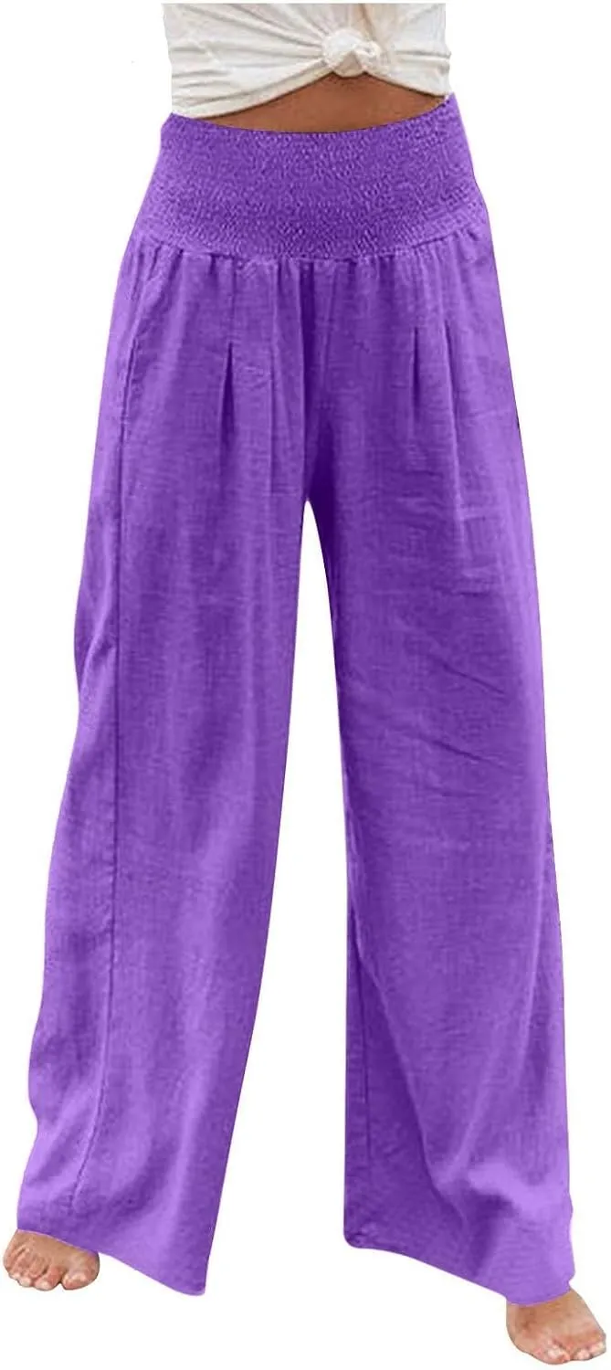 Wide Leg Linen Pants Women Casual Pleated Elastic Waist Beach Pants Summer Baggy Palazzo Pants with Pockets