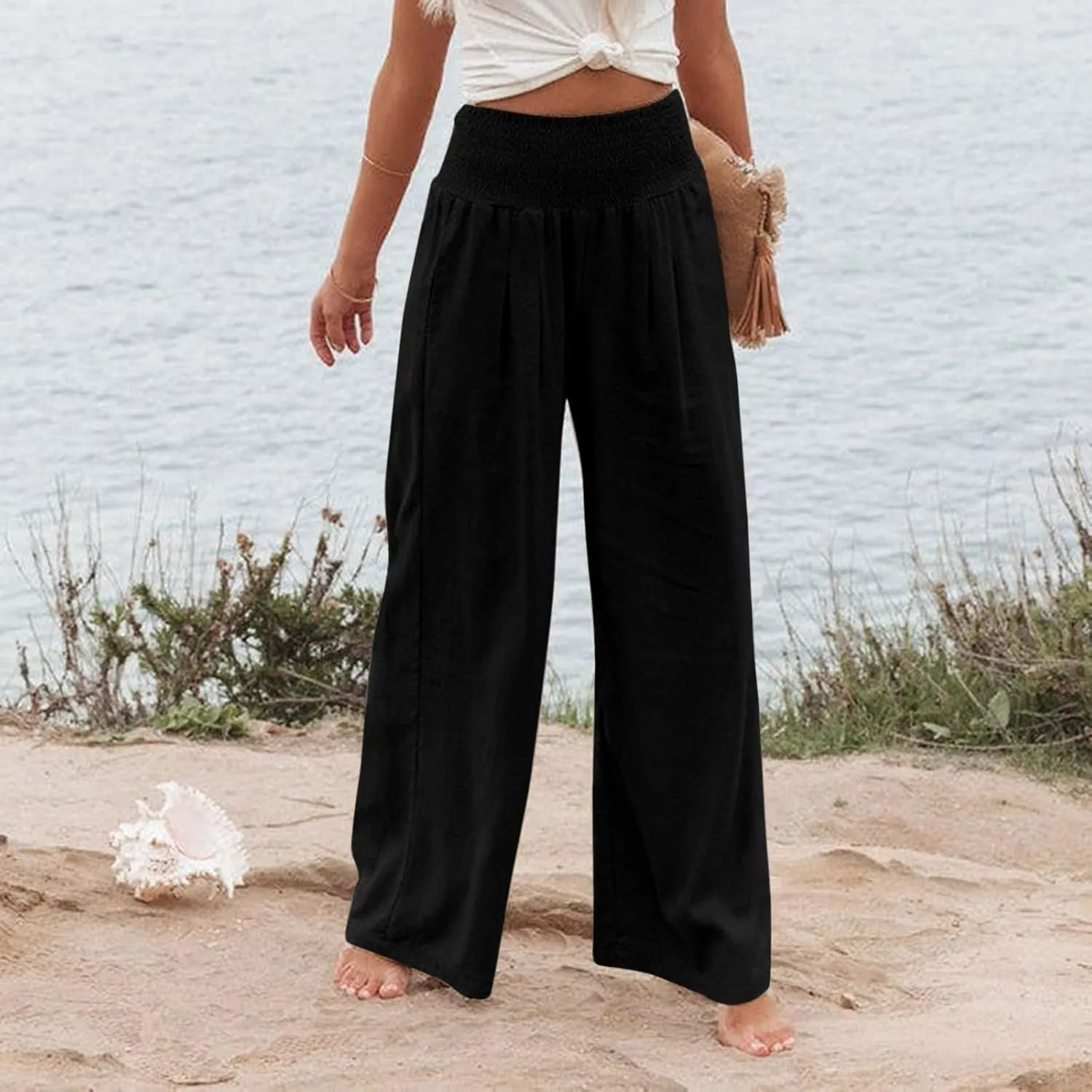 Wide Leg Linen Pants Women Casual Pleated Elastic Waist Beach Pants Summer Baggy Palazzo Pants with Pockets