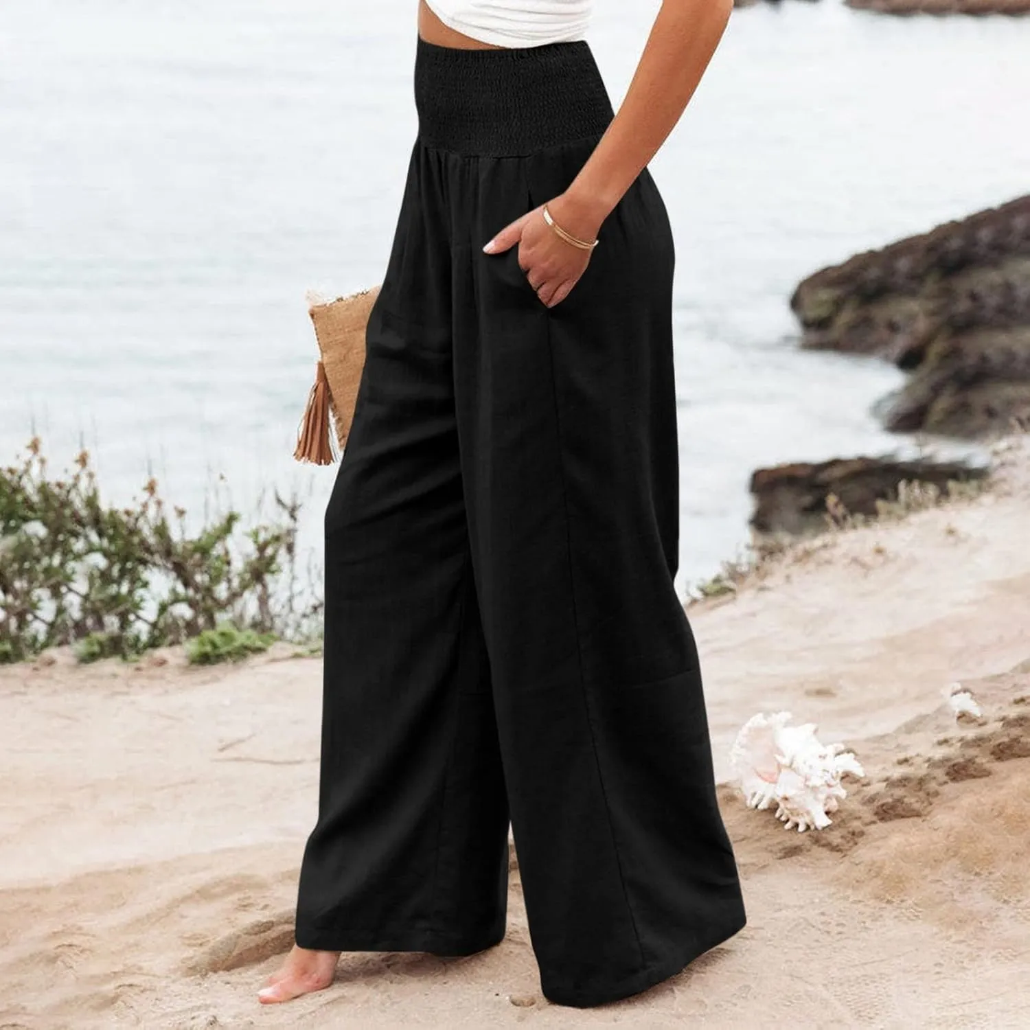 Wide Leg Linen Pants Women Casual Pleated Elastic Waist Beach Pants Summer Baggy Palazzo Pants with Pockets