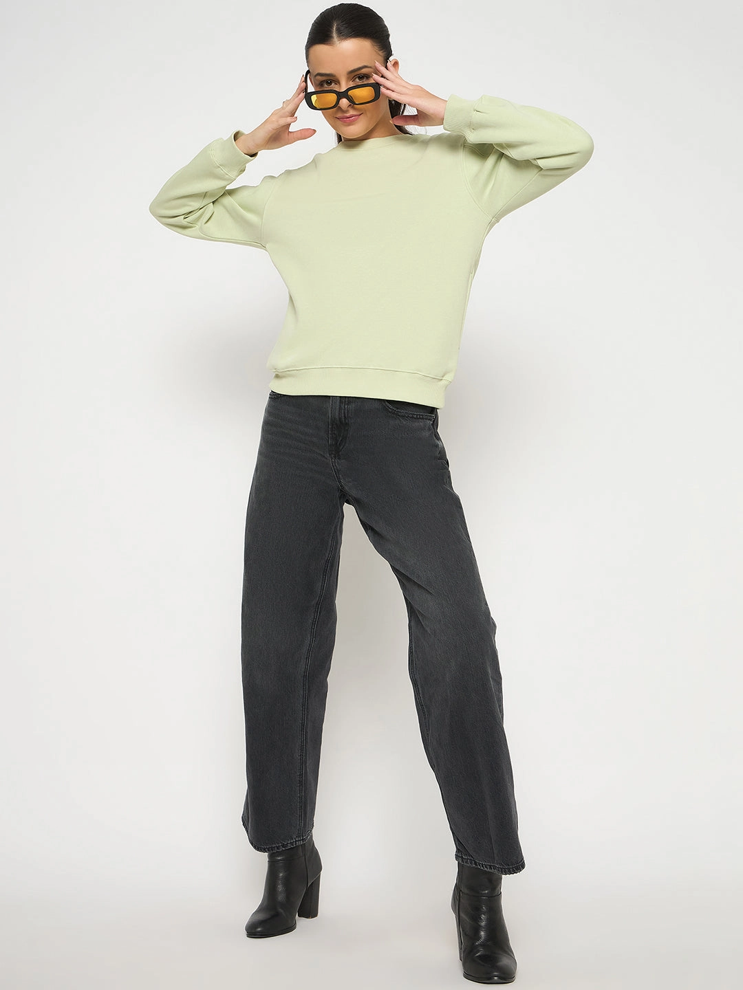 Madame Cotton Blend Solid Apple Green Sweatshirt Core Sporty running suitable