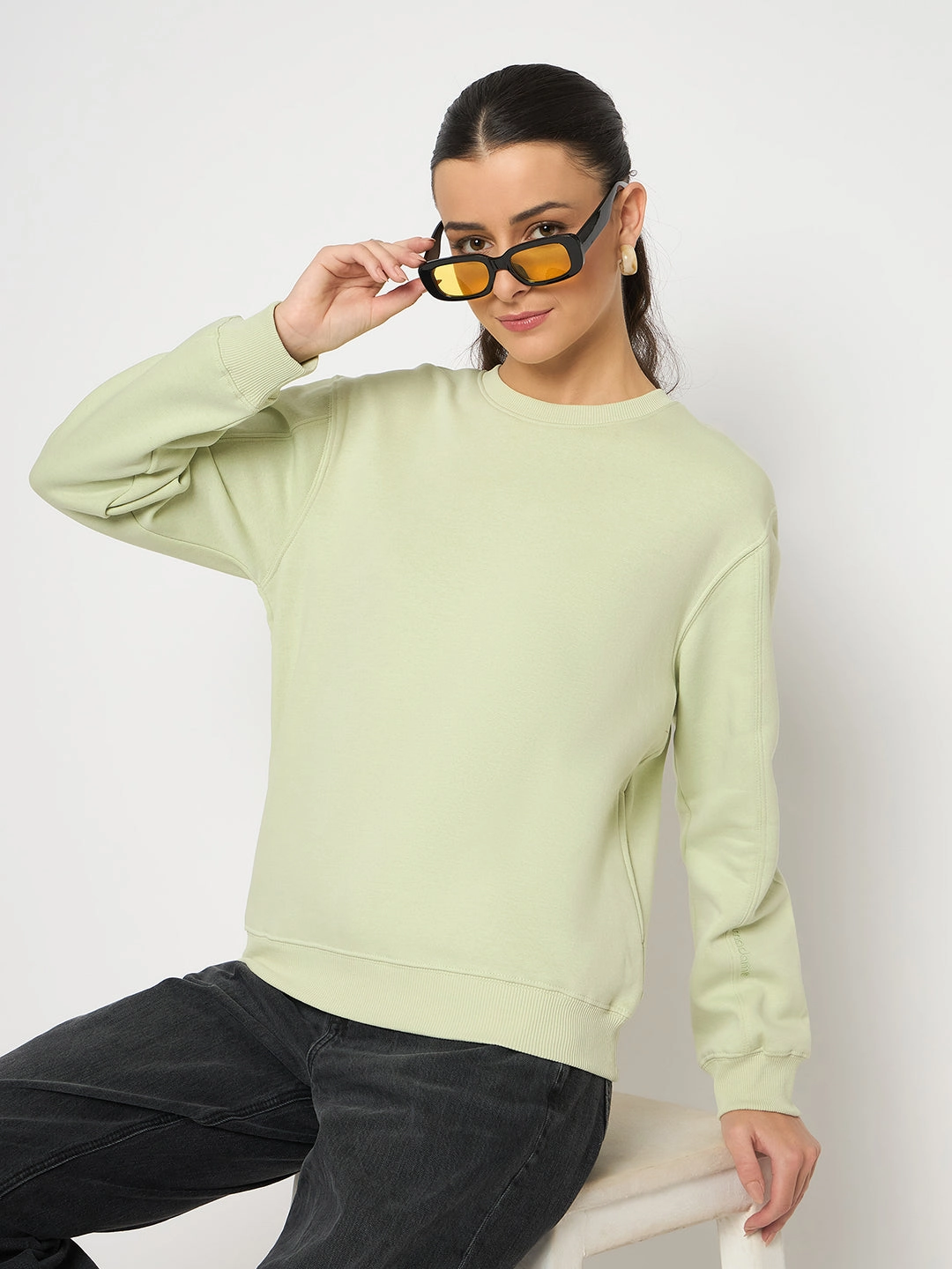 Madame Cotton Blend Solid Apple Green Sweatshirt Fresh Look Wrinkle-Resistant