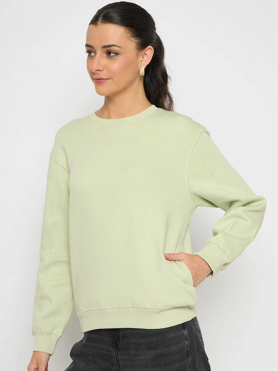 tropical print Madame Cotton Blend Solid Apple Green Sweatshirt