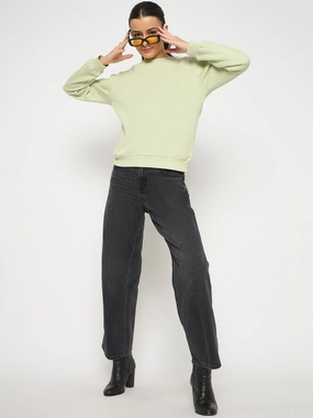 Madame Cotton Blend Solid Apple Green Sweatshirt Core Sporty running suitable
