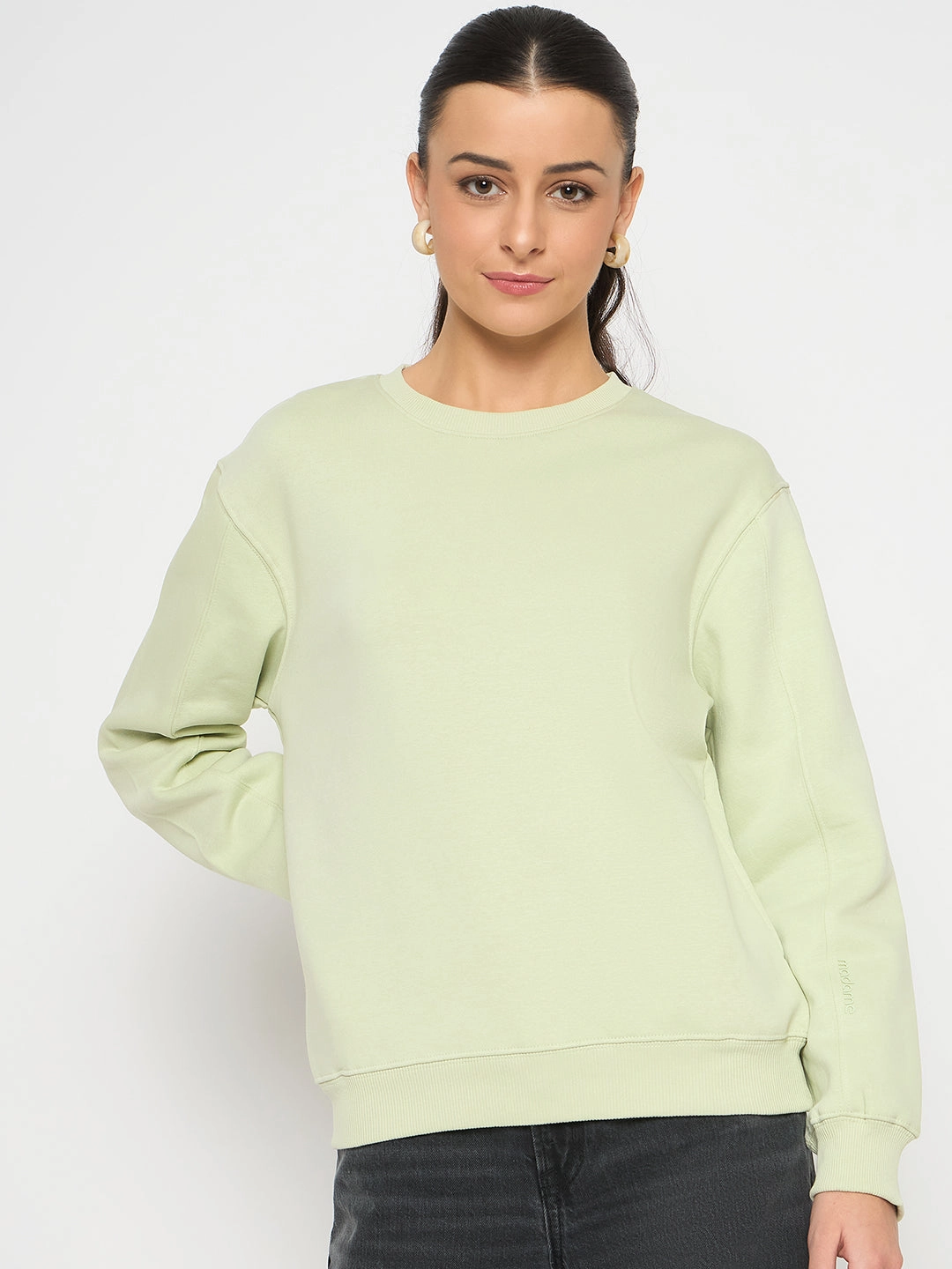 Madame Cotton Blend Solid Apple Green Sweatshirt group wear