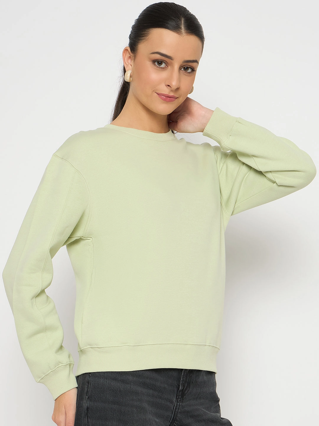 Kangaroo Pocket Timeless Comfort Madame Cotton Blend Solid Apple Green Sweatshirt