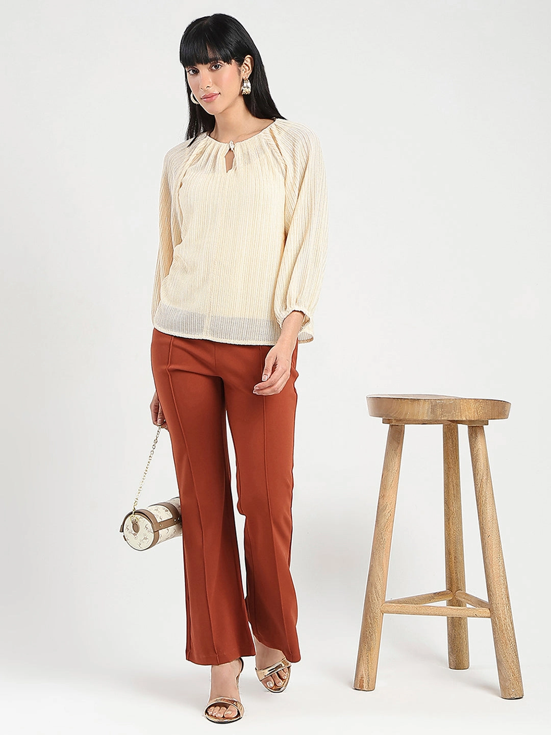 Madame Beige Rayon Blend Top TailoredCut Minimalist Stitching