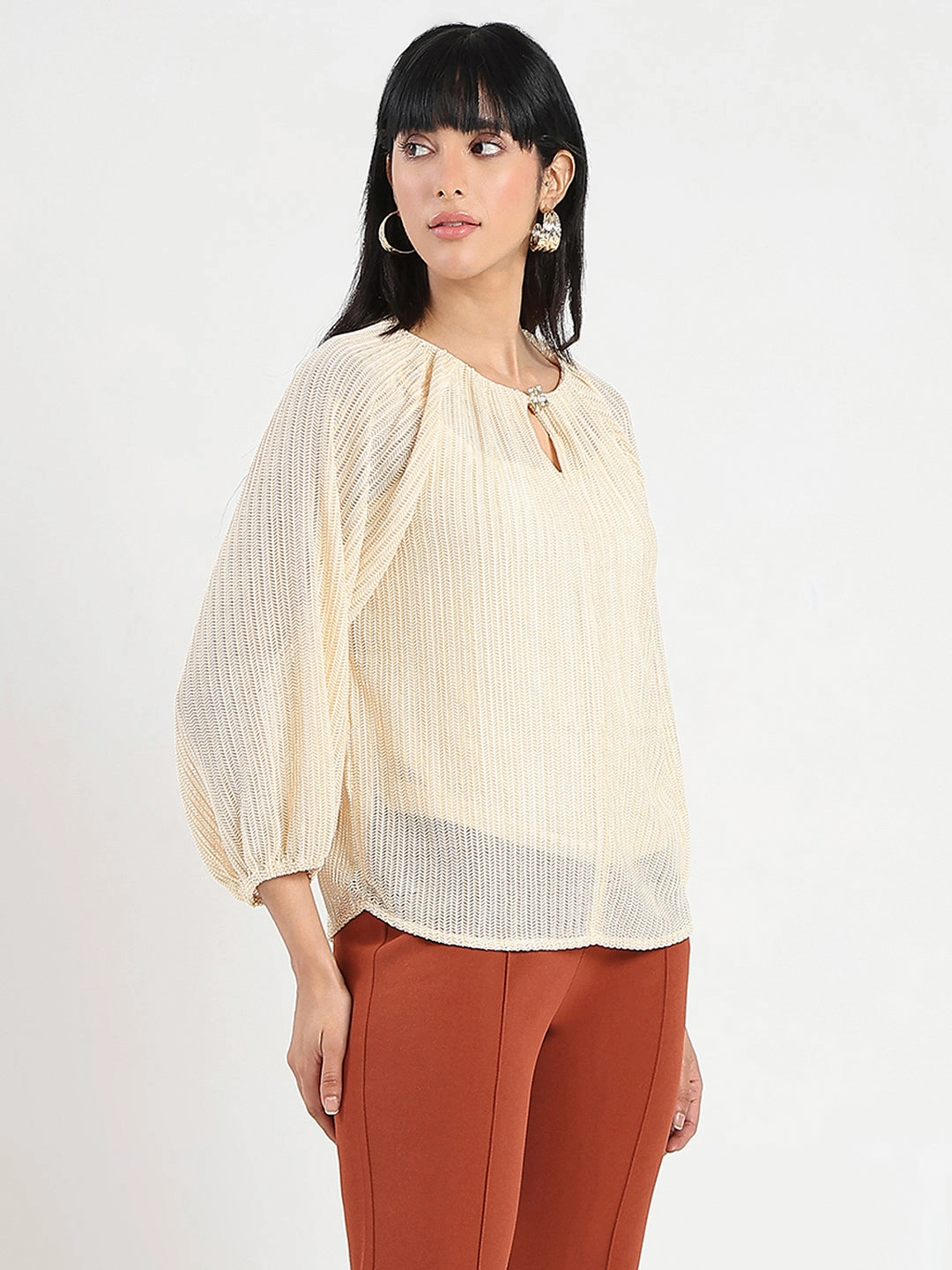 Madame Beige Rayon Blend Top Formal Shirt