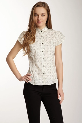 Cotton Tulip Cap Sleeve shirt - Ivory / Black YarnDye Technique Tencel Blend Fabric